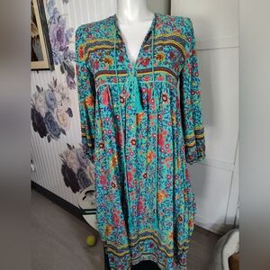 R.Vivimos Women's Long Sleeve Floral Print Retro  Boho Midi Dress Sz XL Fit 8-12
